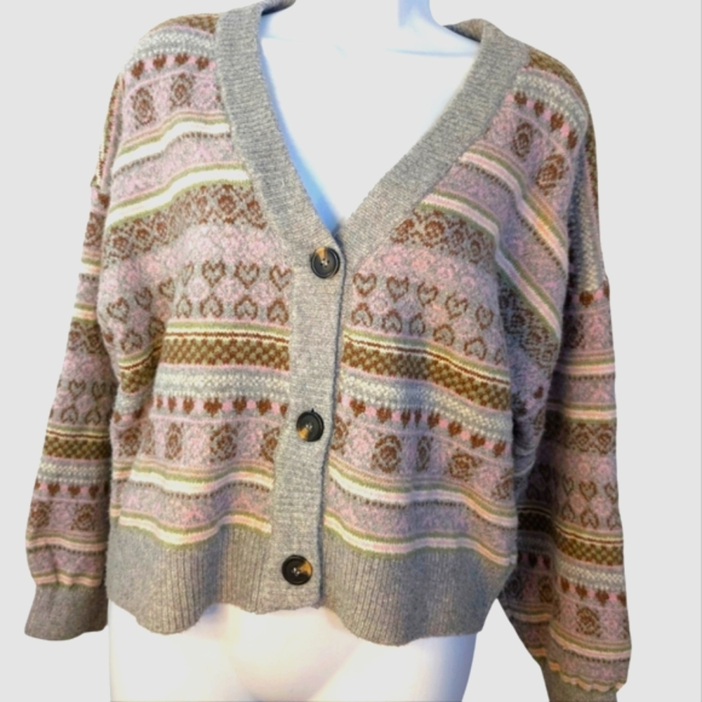NYC Knits Fair Isle V-Neck Crop Cardigan...Size Large